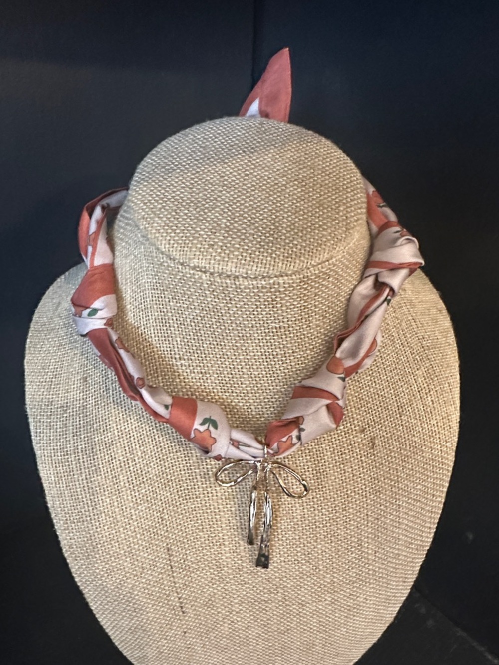 Silk-Twist Peach & Cream Scarf Necklace with Gold Bow Charm